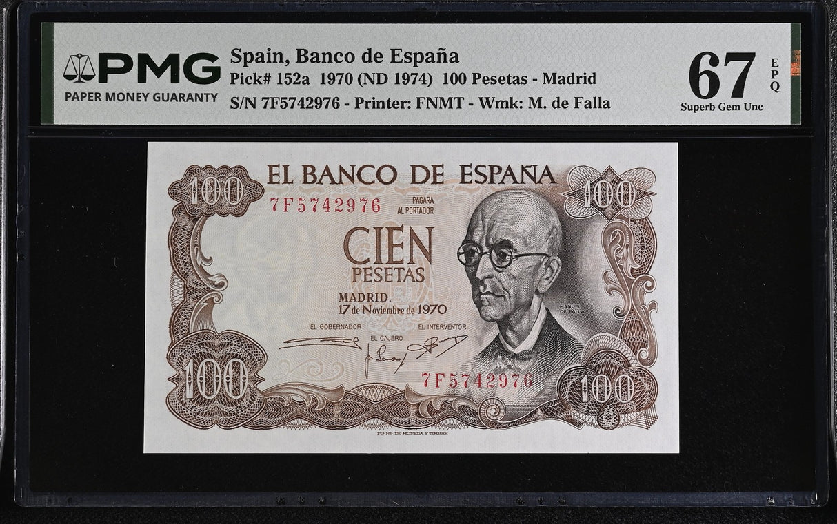 Spain 100 Pesetas 1970 ND 1974 P 152 a Superb Gem UNC PMG 67 EPQ