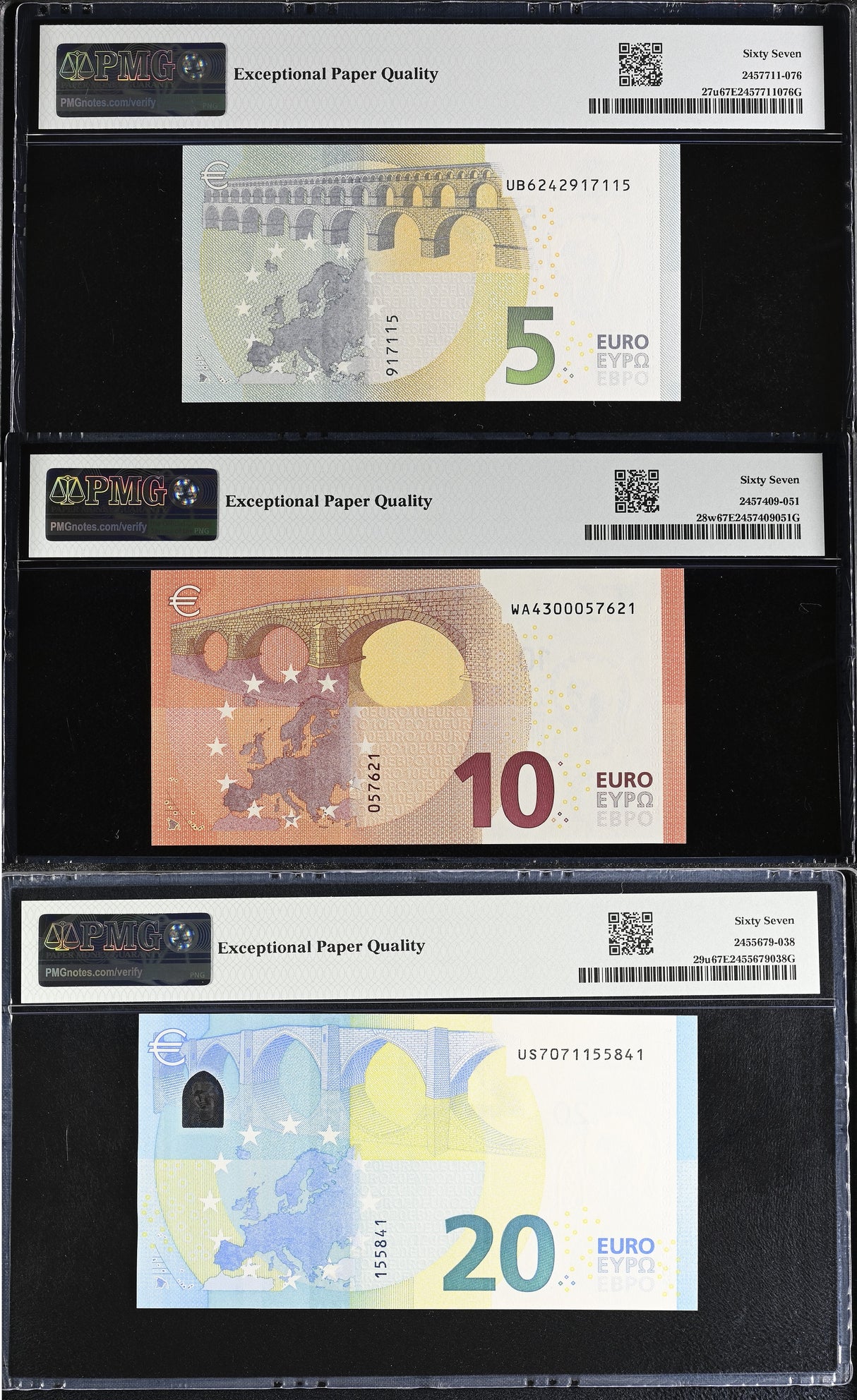 Euro Set 3; 5 10 20 Euro 2013 -2015 P 27 28 29 Superb Gem UNC PMG 67 EPQ