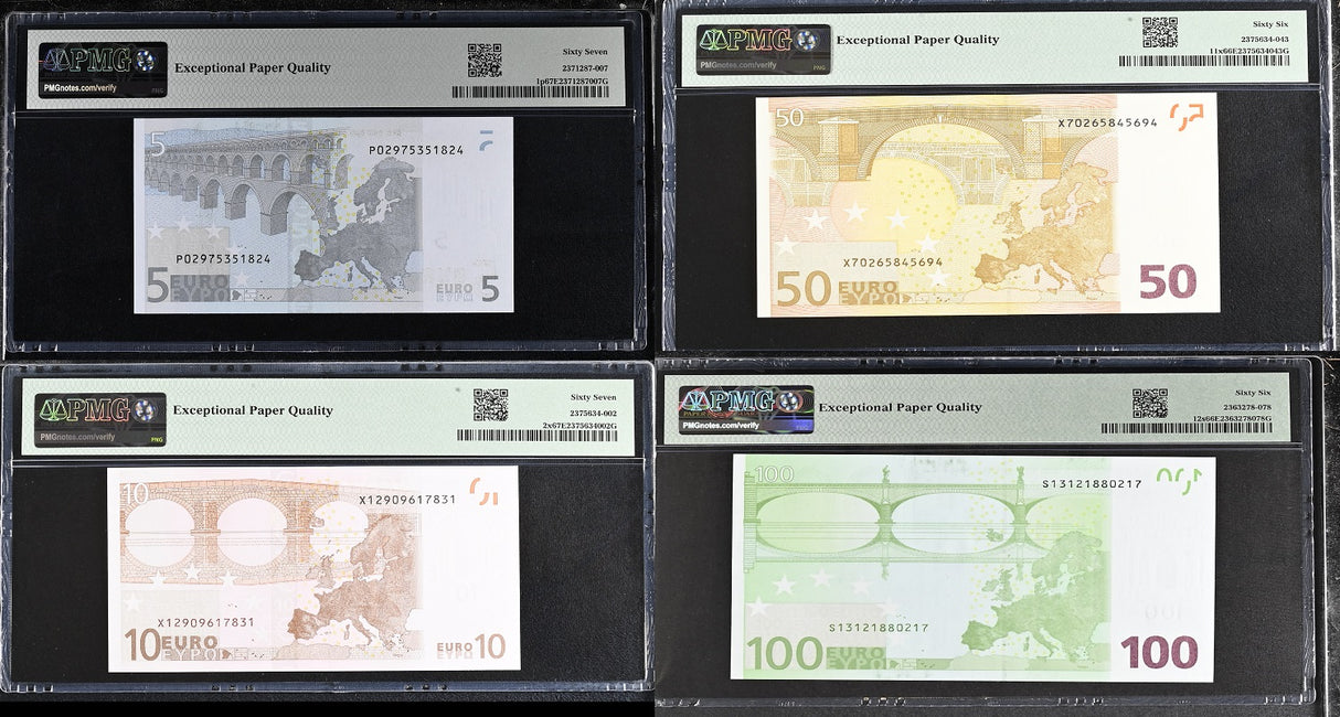 Euro Set 4; 5 10 50 100 Euro 2002 P 1 P 2 P 11 P 12 Superb Gem UNC PMG 66 67 EPQ