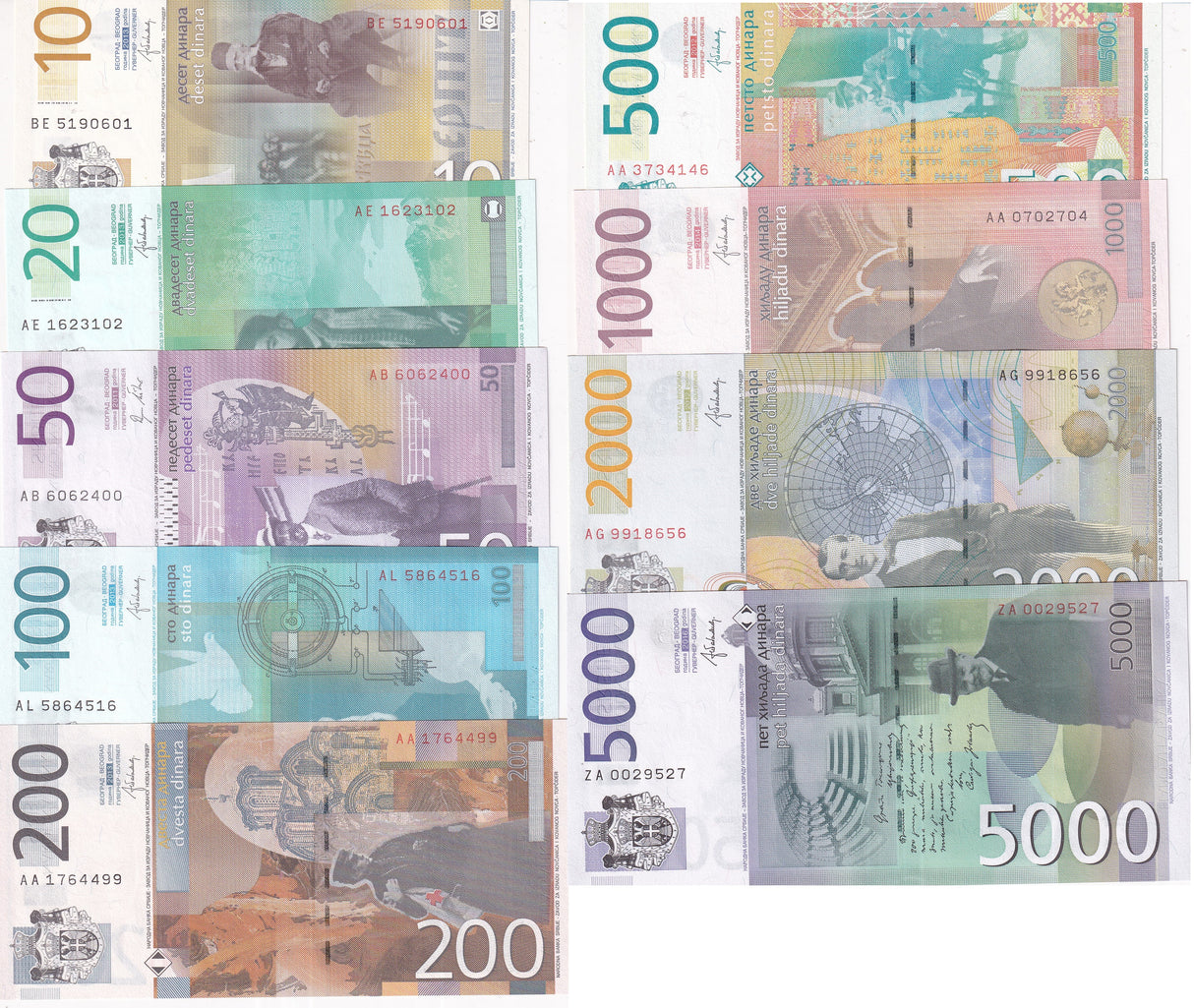 Serbia Set 9 UNC 10 20 50 100 - 500 1000 2000 5000 Dinara Random Year P 54-P 62