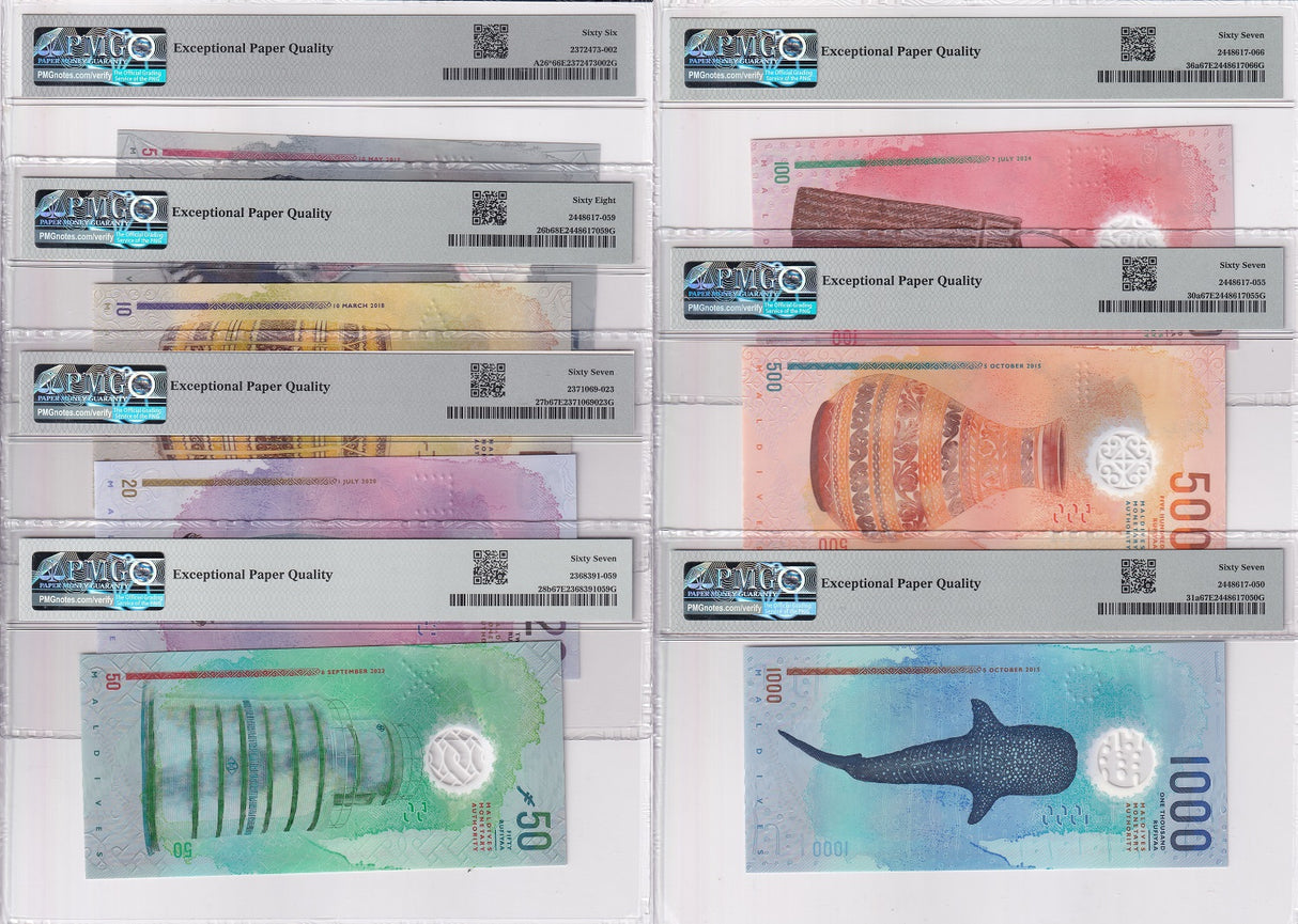Maldives set 7; 5 -1000 Rufiyaa 2015-2022 P A26- 31 Gem UNC PMG 66 67 68 EPQ