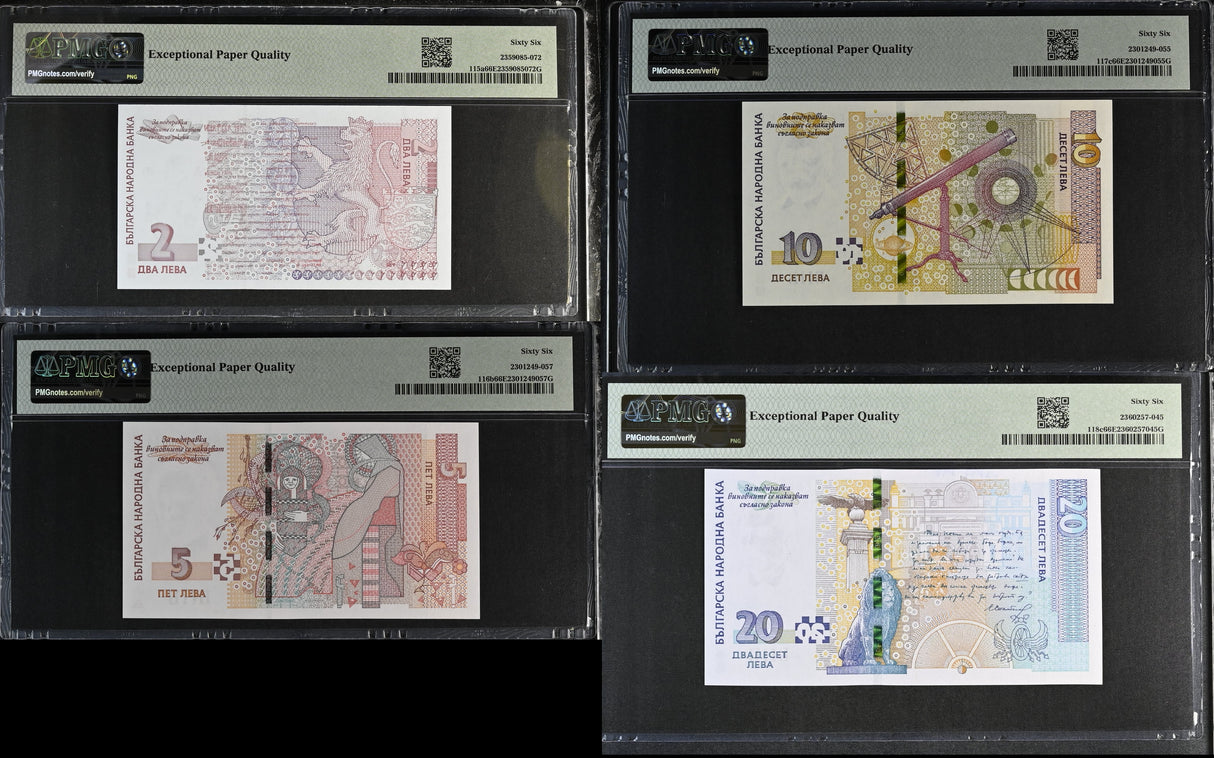 Bulgaria Set 4; 2 5 10 20 Leva 1999-2020 P 115-118 Gem UNC PMG 66 EPQ