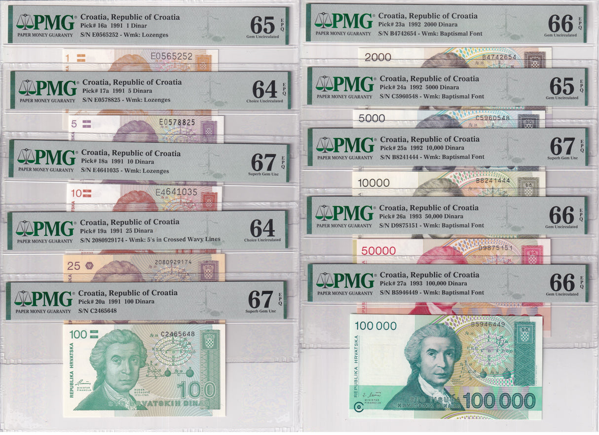 Croatia Set 10; 1 -25 100-5000-100K P 16-P20 P 26 Superb UNC PMG 64 65 66 67 EPQ