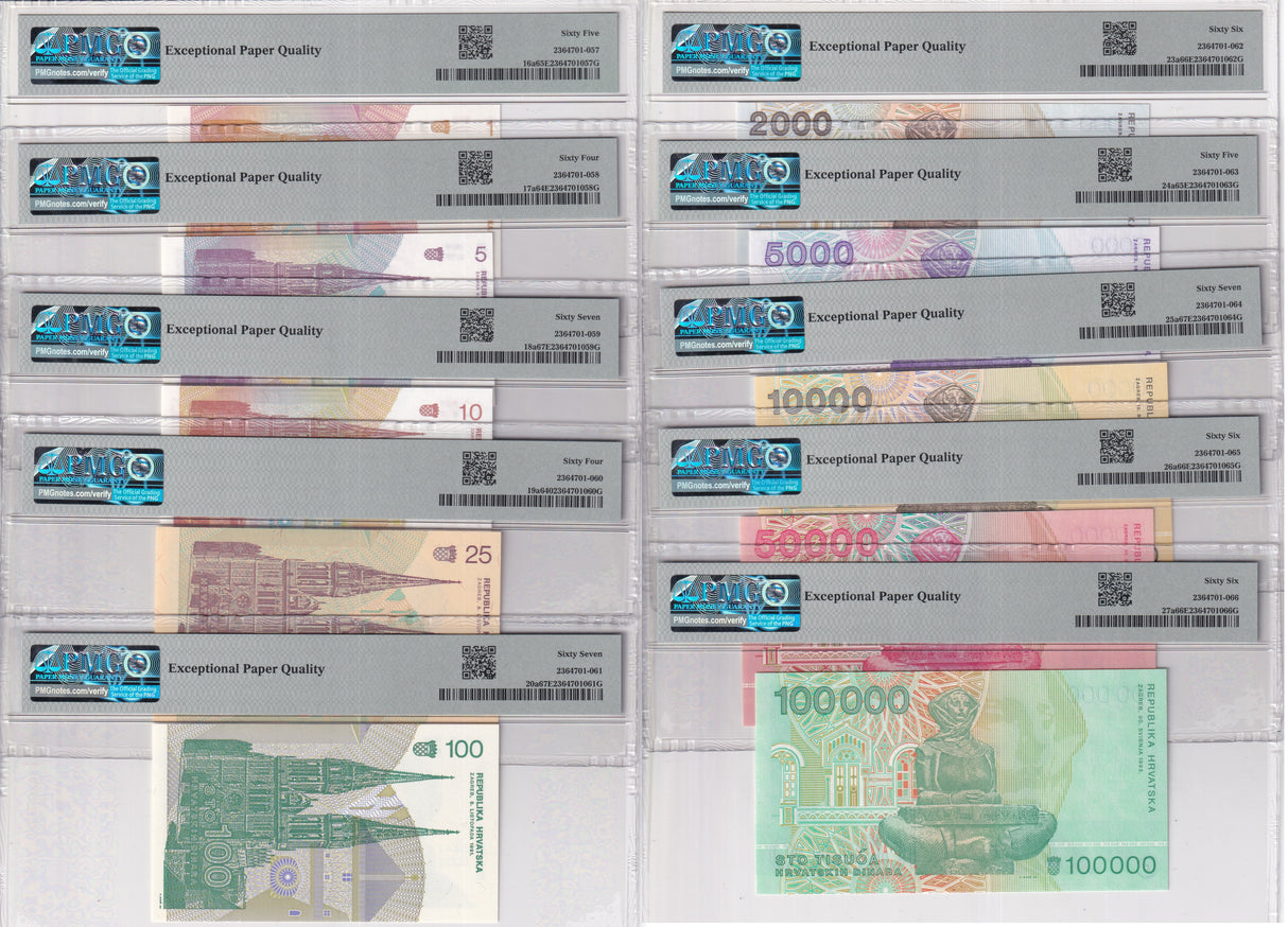 Croatia Set 10; 1 -25 100-5000-100K P 16-P20 P 26 Superb UNC PMG 64 65 66 67 EPQ