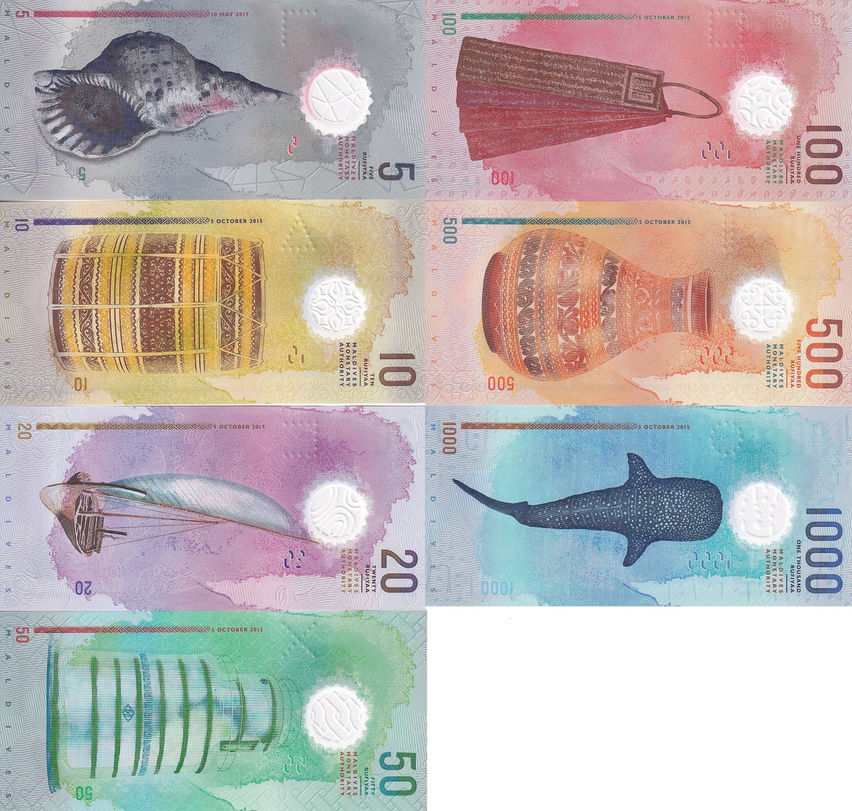Maldives Set 7 UNC 5 - 1000 Rufiyaa 2015 - 2020 Polymer UNC Matching With Folder
