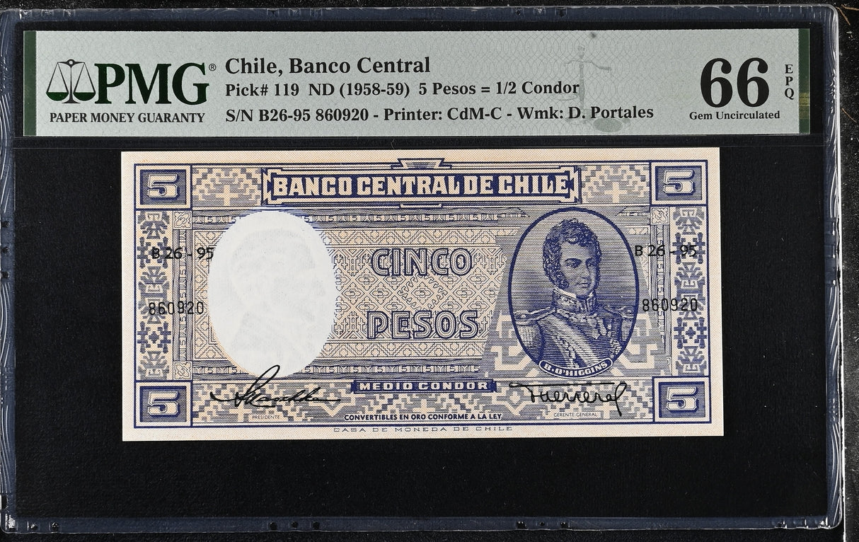 Chile 5 Pesos 1/2 Condor ND 1958-1959 P 119 Gem UNC PMG 66 EPQ