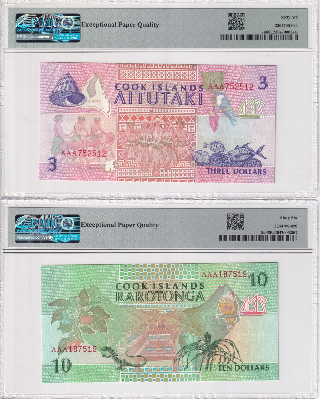 Cook Islands Set 2; 3 10 Dollars 1992 P 7 a P 8 a Gem UNC PMG 66 EPQ