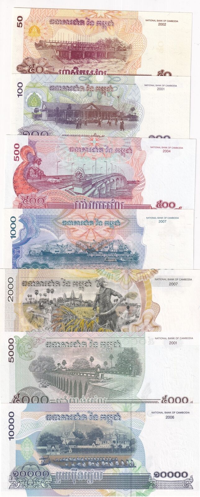 Cambodia Set 7 Pcs 50 100 - 10000 Riels Mix Year P 52 53 54 55 56 58 59 UNC