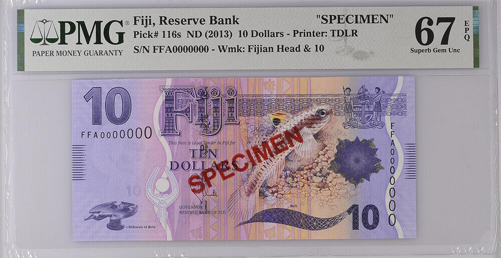 Fiji 10 Dollars ND 2013 P 116s SPECIMEN Superb Gem UNC PMG 67 EPQ
