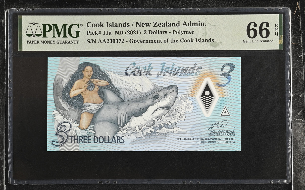 Cook Islands 3 Dollars ND 2021 P 11 a Polymer Gem UNC PMG 66 EPQ
