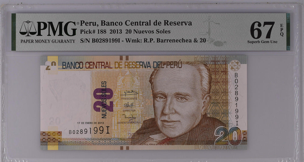 Peru 20 Nuevos Soles 2013 P 188 Superb Gem UNC PMG 67 EPQ