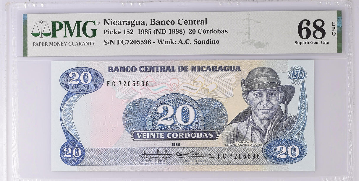 Nicaragua 20 Cordobas 1985 ND 1988 P 152 Superb Gem UNC PMG 68 EPQ