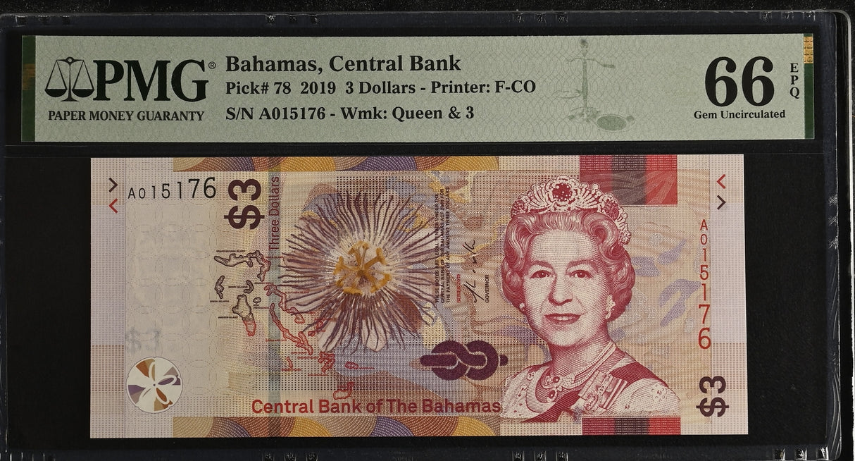 Bahamas 3 Dollars 2019 P 78 Gem UNC PMG 66 EPQ