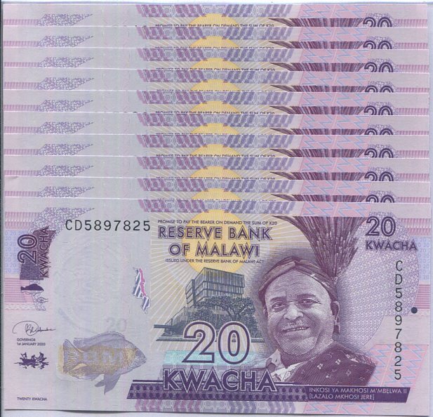 Malawi 20 Kwacha 2020 P 63 UNC LOT 10 Pcs