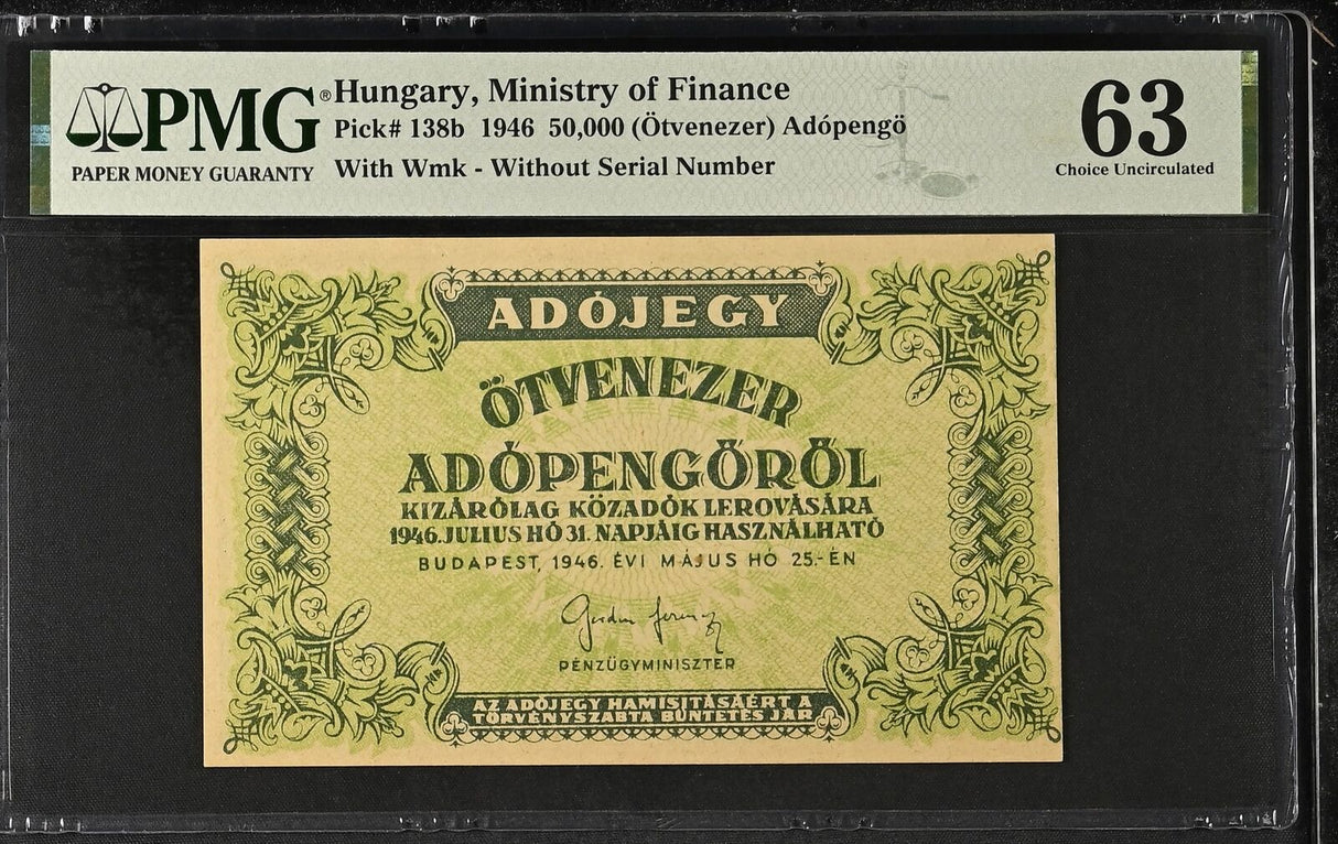 Hungary 50000 Adopengo 1946 P 138 b Choice UNC PMG 63