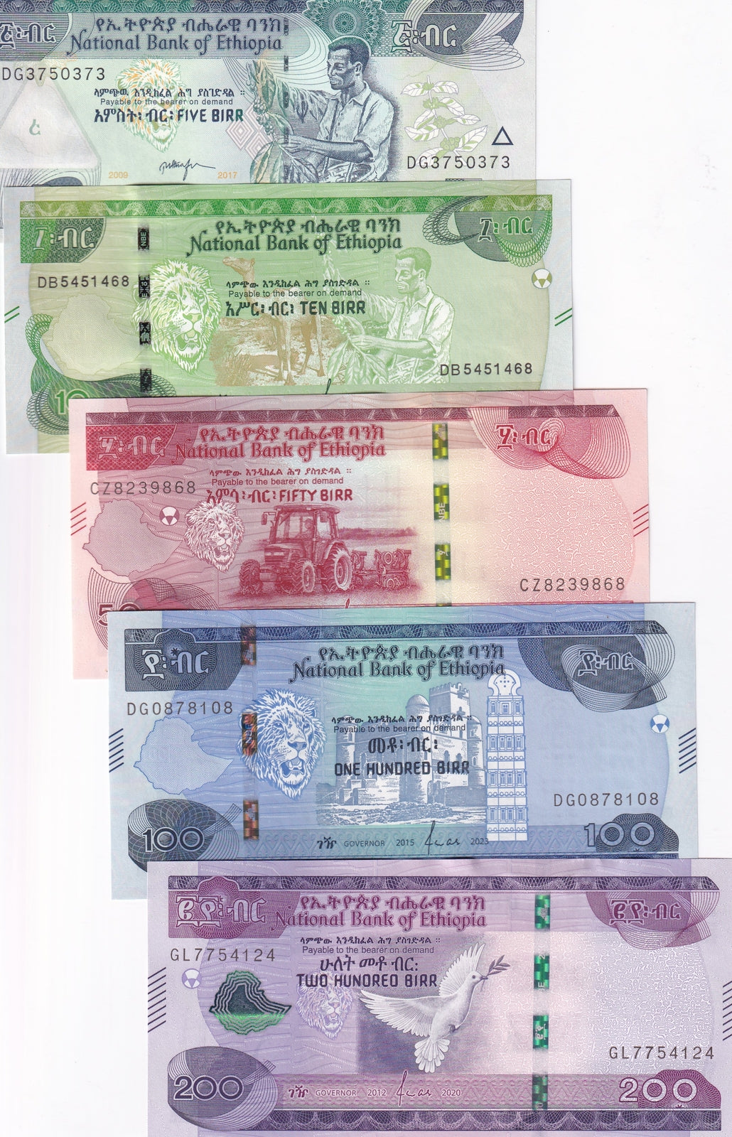 Ethiopia Set 5 Pcs 5 10 50 100 200 Birr 2012-2023 P 47 53 54 55 56 UNC