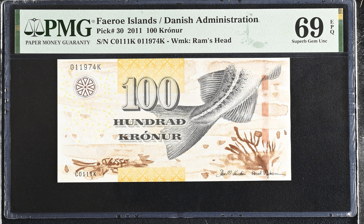 Faeroe Islands 100 Kronur 2011 P 30 Superb Gem UNC PMG 69 EPQ