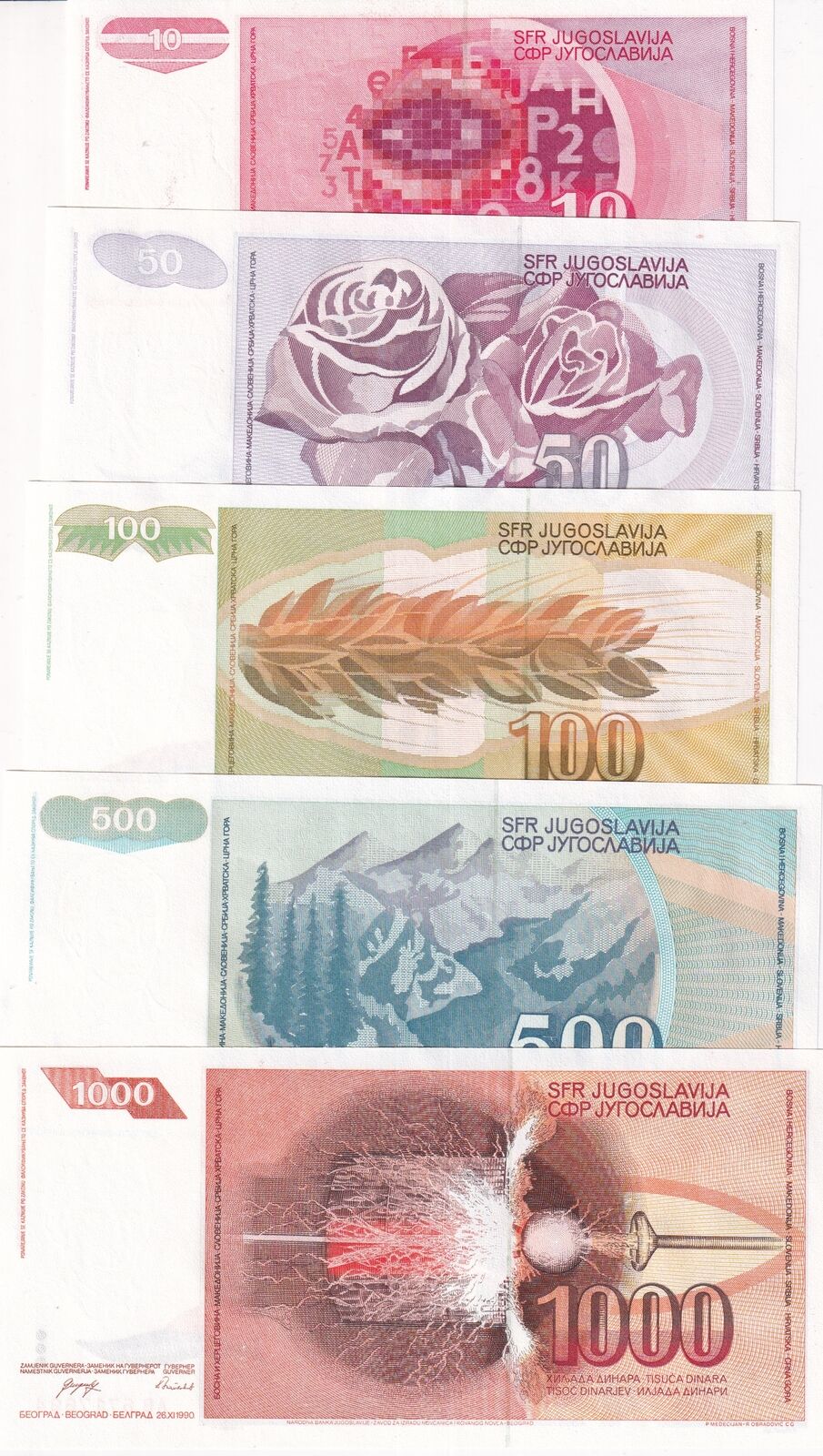 Yugoslavia Set 5 Pcs 10 50 100 500 1000 Dinara 1990 P 103 104 105 106 107 UNC