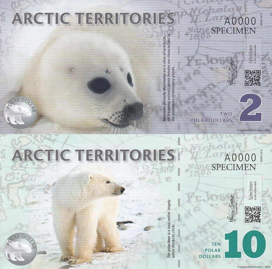 Arctic Territories 2 10 Dollars 2010 SPECIMEN Polymer UNCUT SHEET UNC