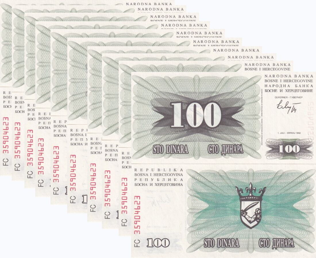 Bosnia 100 Dinara 1992 P 13 UNC LOT 10 PCS