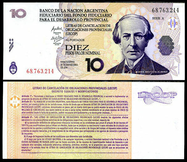 Argentina Emergency Note 10 Pesos Lecop Valor 2006 P NL UNC