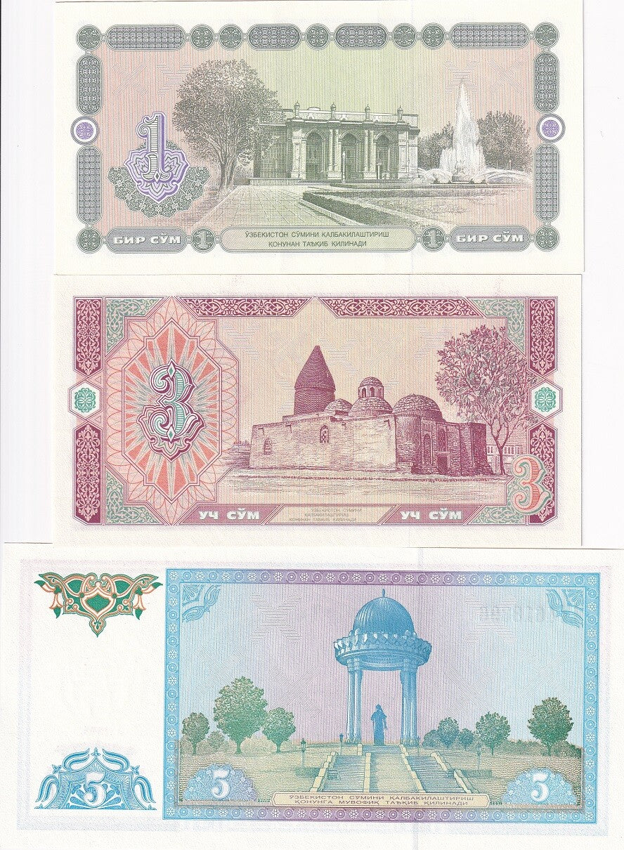 Uzbekistan Set 3 UNC 1 3 5 SUM 1994 P 73 P 74 P 75 UNC