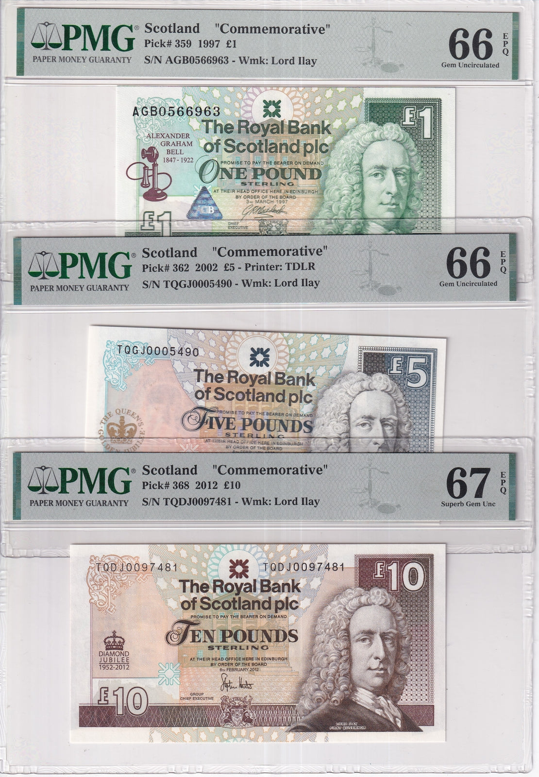 Scotland Set 3 ;1 5 10 Pounds 2012 P 368 Comm. Superb Gem UNC PMG 66 67 EPQ