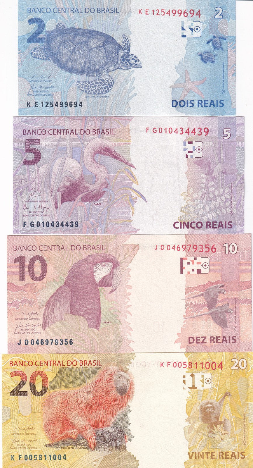 Brazil Set 4 UNC 2 5 10 20 Reais 2010-2020 P 252 P 253 P 254 255 Random Sign