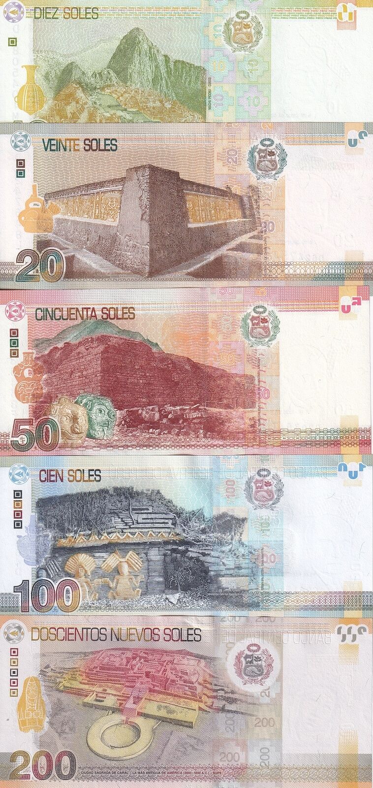 Peru Set 5 UNC 10 20 50 100 200 Soles 2012/2017/2018 P 190 191 192 193 194