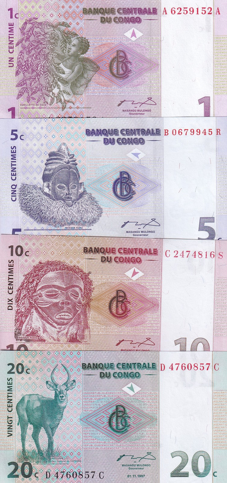 Congo Set 4 UNC 1 5 10 20 Centimes 1997 P 80 81 82 83