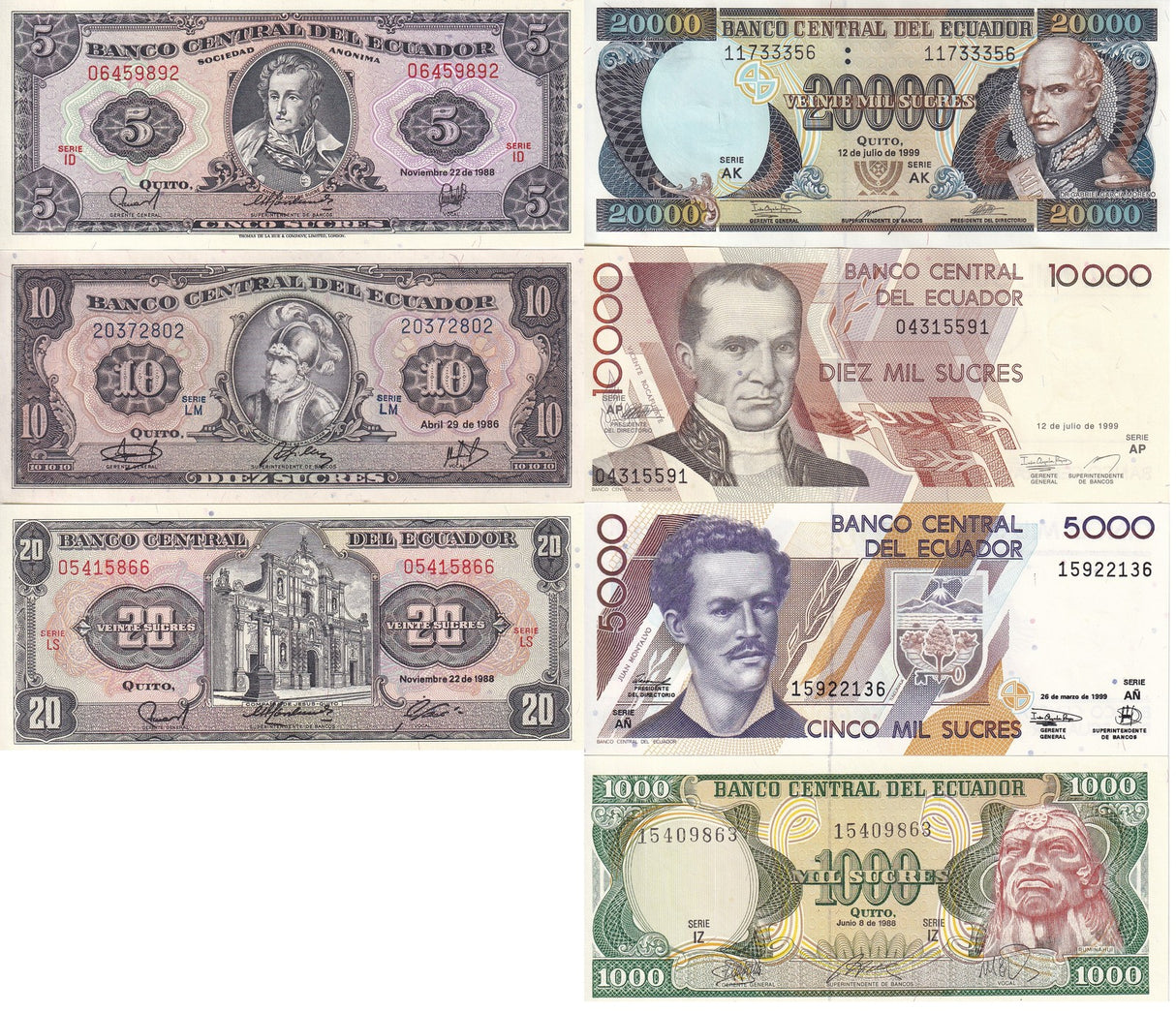 Ecuador Set 7 UNC 5 10 20 1000-20000 Sucres 1986-1999 P 113 121 121A 125 127-129