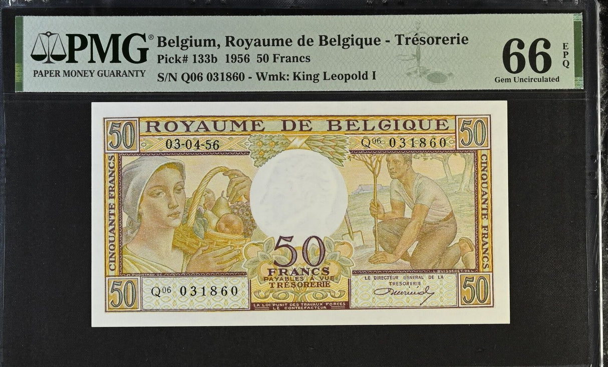 Belgium 50 Francs 1956 P 133 b Gem UNC PMG 66 EPQ