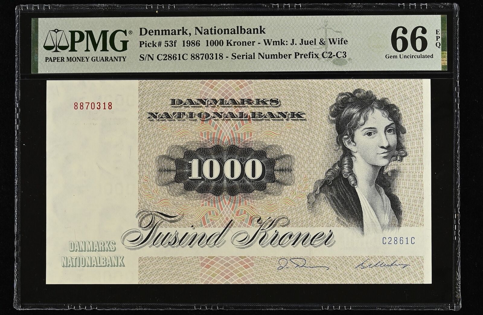 Denmark 1000 Kroner 1986 P 53 f Gem UNC PMG 66 EPQ – Noteshobby