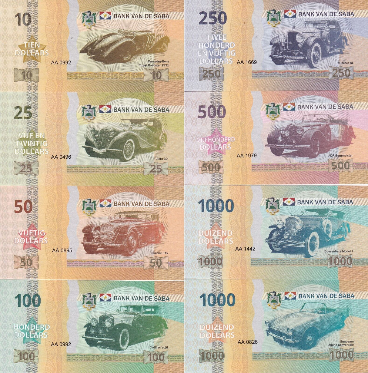 Bank of Saba set 8 Caribbean 10 25 50 - 500 (1000x2) Sunbeam Cadilac V16 Fantasy