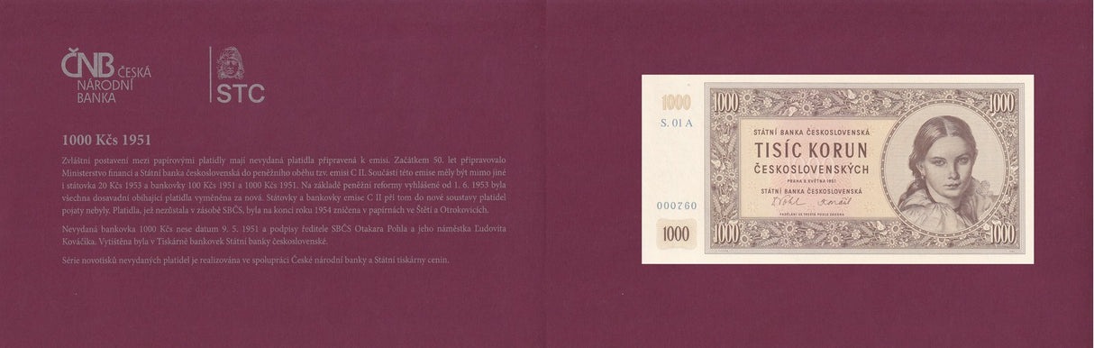 Czechoslovakia 1000 Korun 1951/2023 P 77 Official Reprint W/Folder UNC