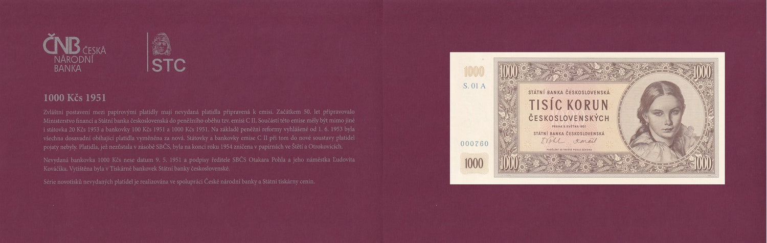 Czechoslovakia 1000 Korun 1951/2023 P 77 Official Reprint W/Folder UNC