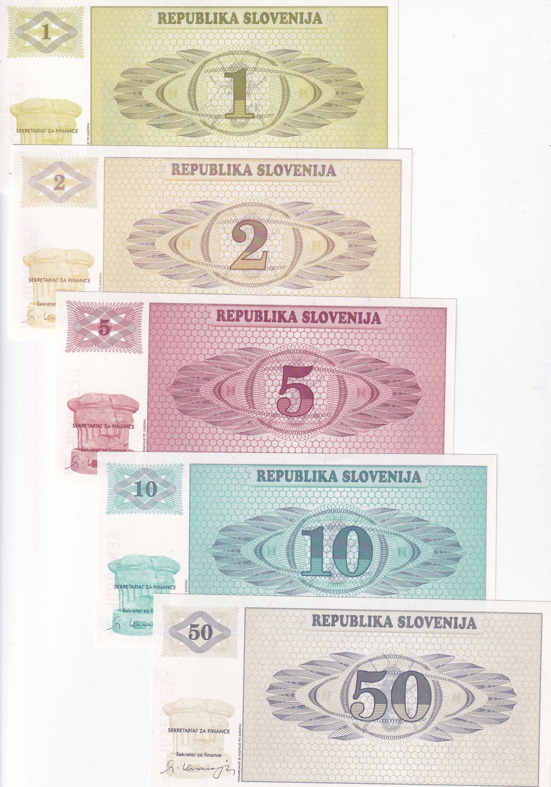 Slovenia Set 5 Pcs 1 2 5 10 50 Tolarjev 1990 P 1 2 3 4 5 UNC