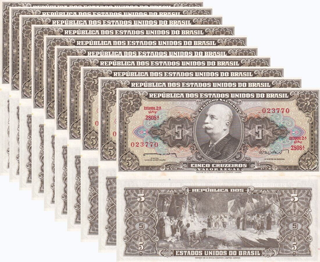Brazil 5 CRUZEIROS ND 1962-1964 P 176 a UNC Little Yellow Tone LOT 10 PCS