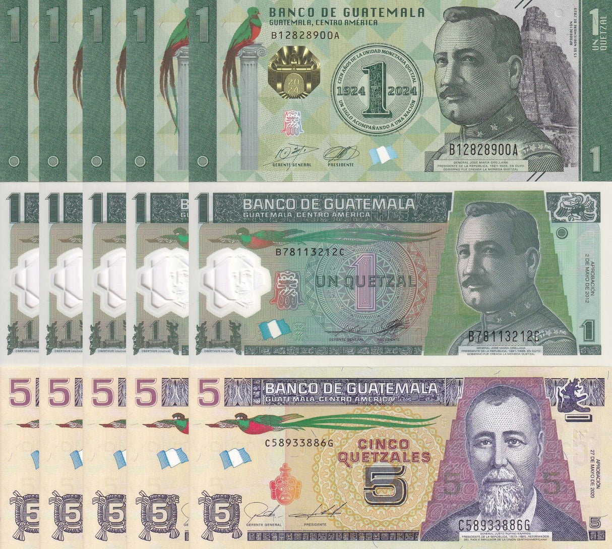 Guatemala Set 3 x Lot 5 = 15 UNC 1 1 5 Quetzal 2012 2018 2023 P 115 122 129