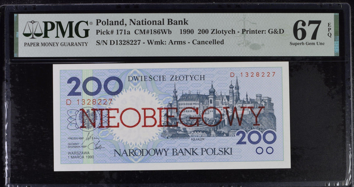 Poland 200 Zlotych 1990 P 171 a Cancelled Superb Gem UNC PMG 67 EPQ