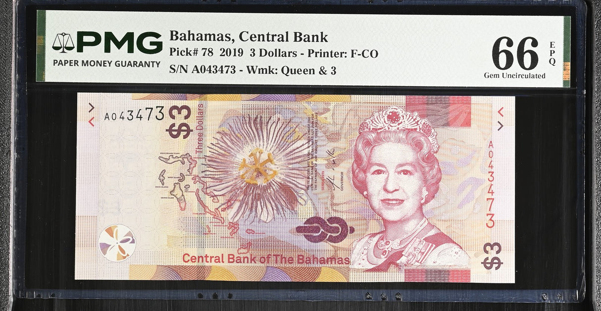 Bahamas 3 Dollars 2019 P 78 Gem UNC PMG 66 EPQ
