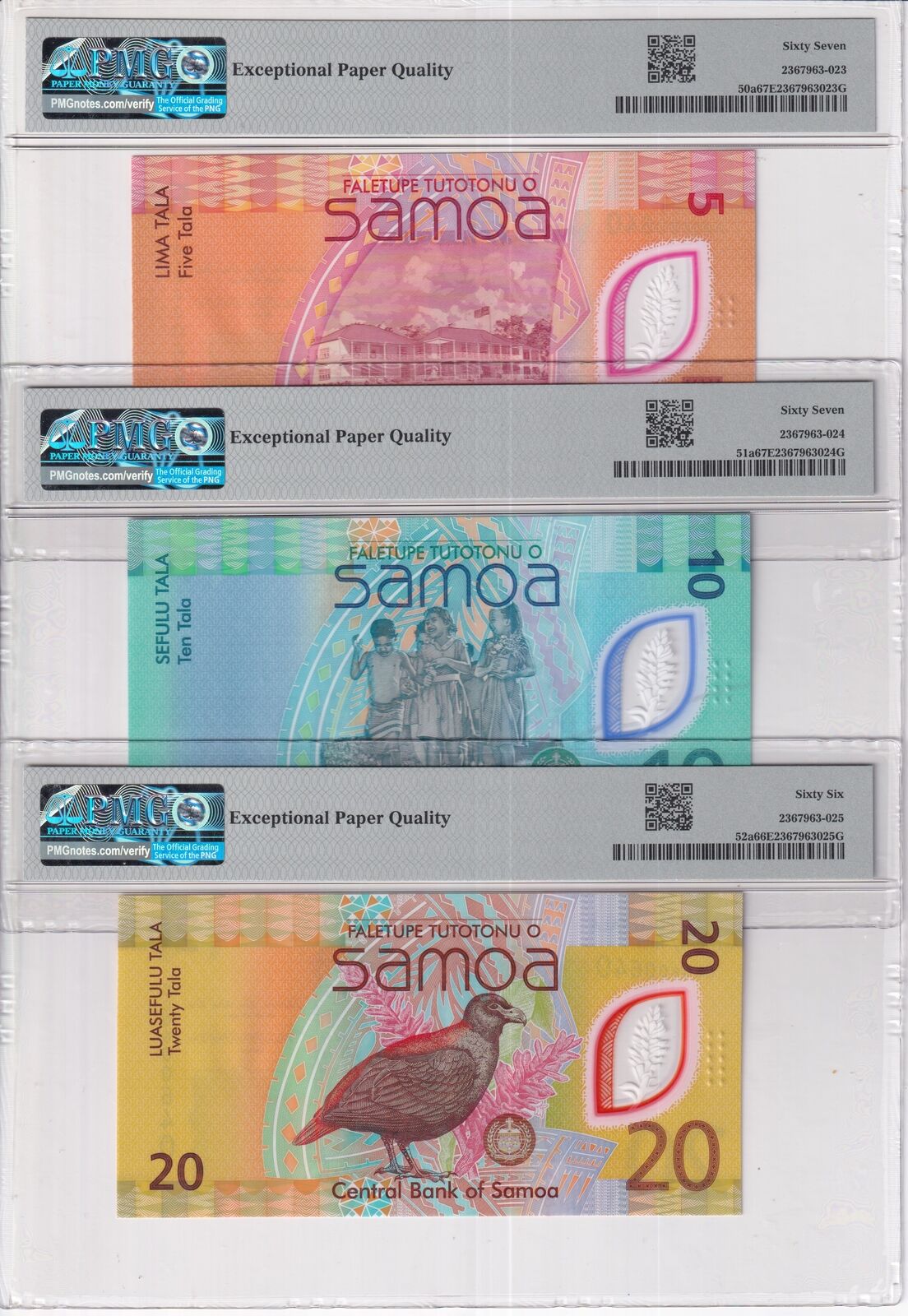 Samoa SET 3; 5 10 20 Tala ND 2024 P 50-52 CHOGM Superb Gem UNC PMG 66 67 EPQ