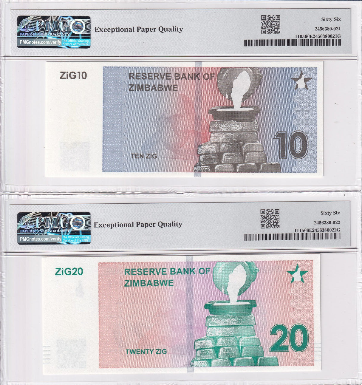 Zimbabwe Set 2; 10 20 ZIG 2024 P 110 P 111 Gem UNC PMG 66 EPQ