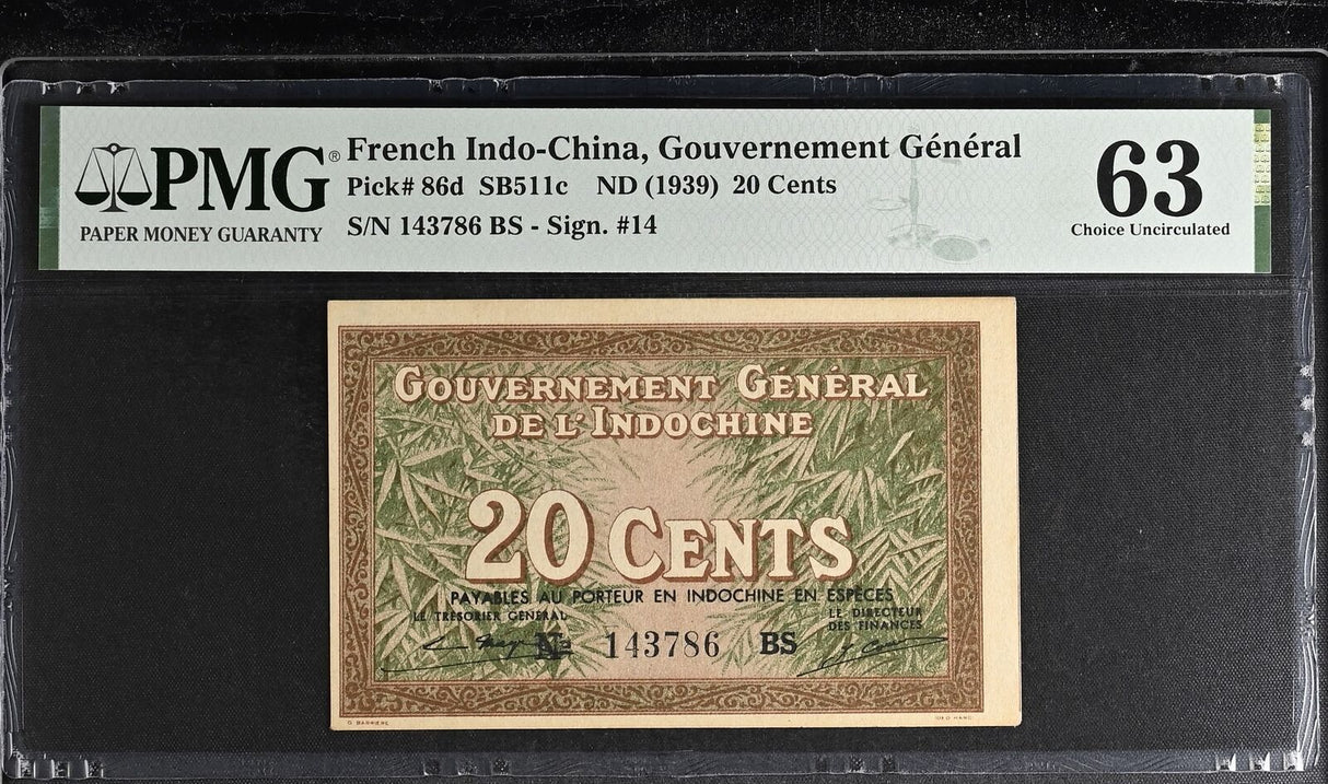 French Indochina 20 Cents ND 1939 P 86 d Choice UNC PMG 63