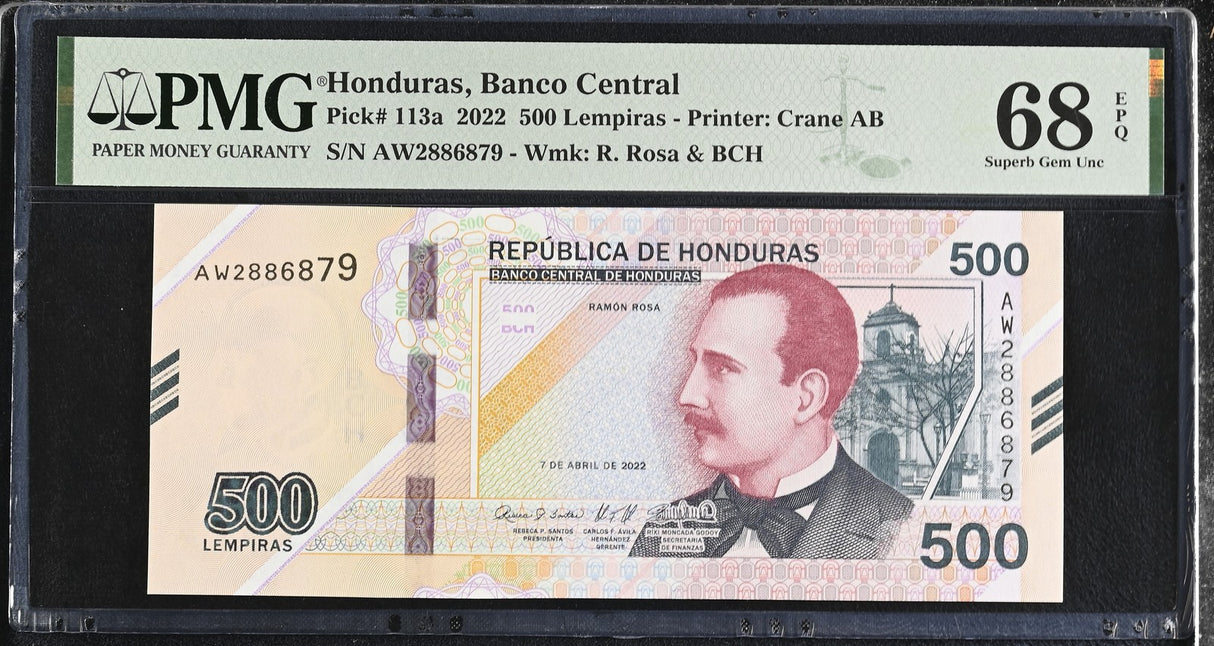 Honduras 500 Lempiras 2022 P 113 a Superb Gem UNC PMG 68 EPQ