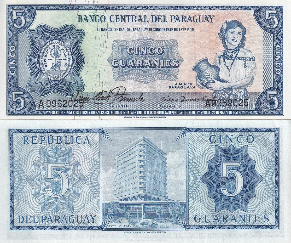 Paraguay 5 Guaranies 1952 (1963) P 194 UNC