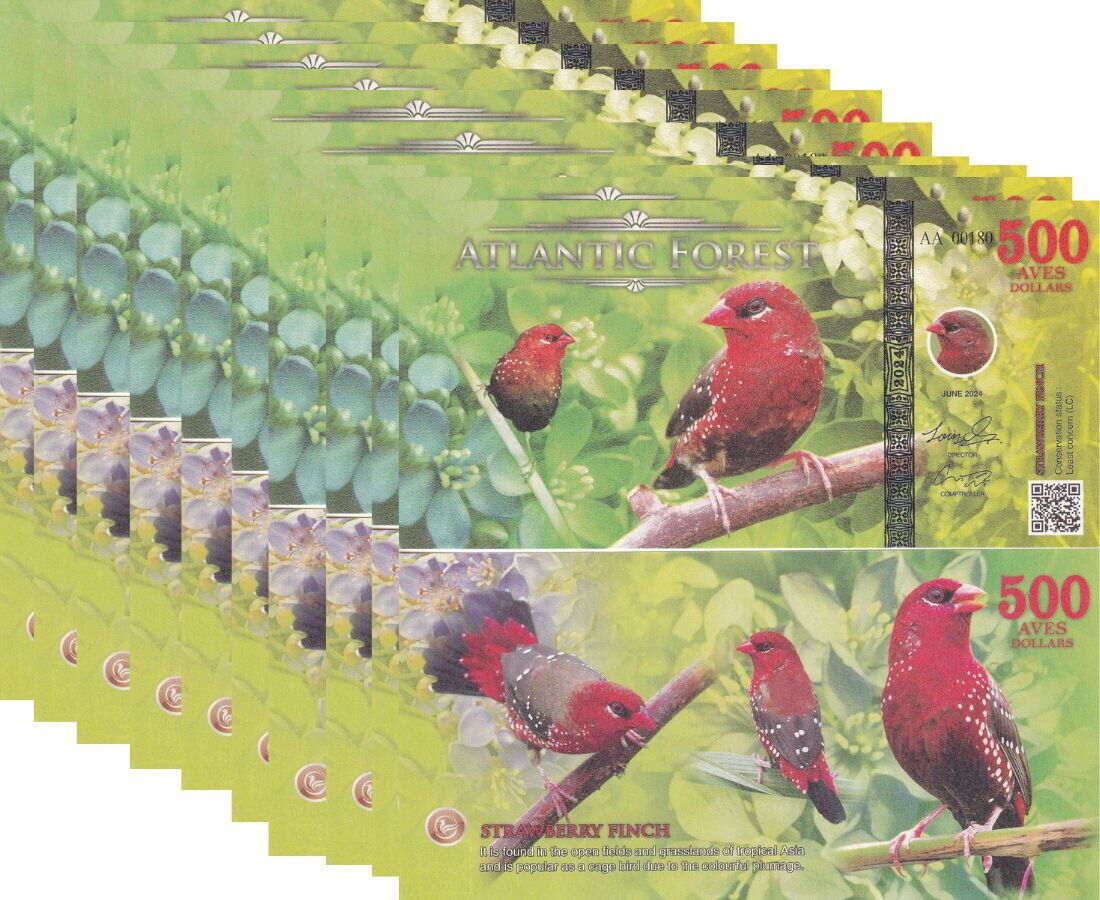 ATLANTIC FOREST 500 AVES DOLLARS STRAWBERRY FINCH 2024 Fantasy Lot 10 Pcs