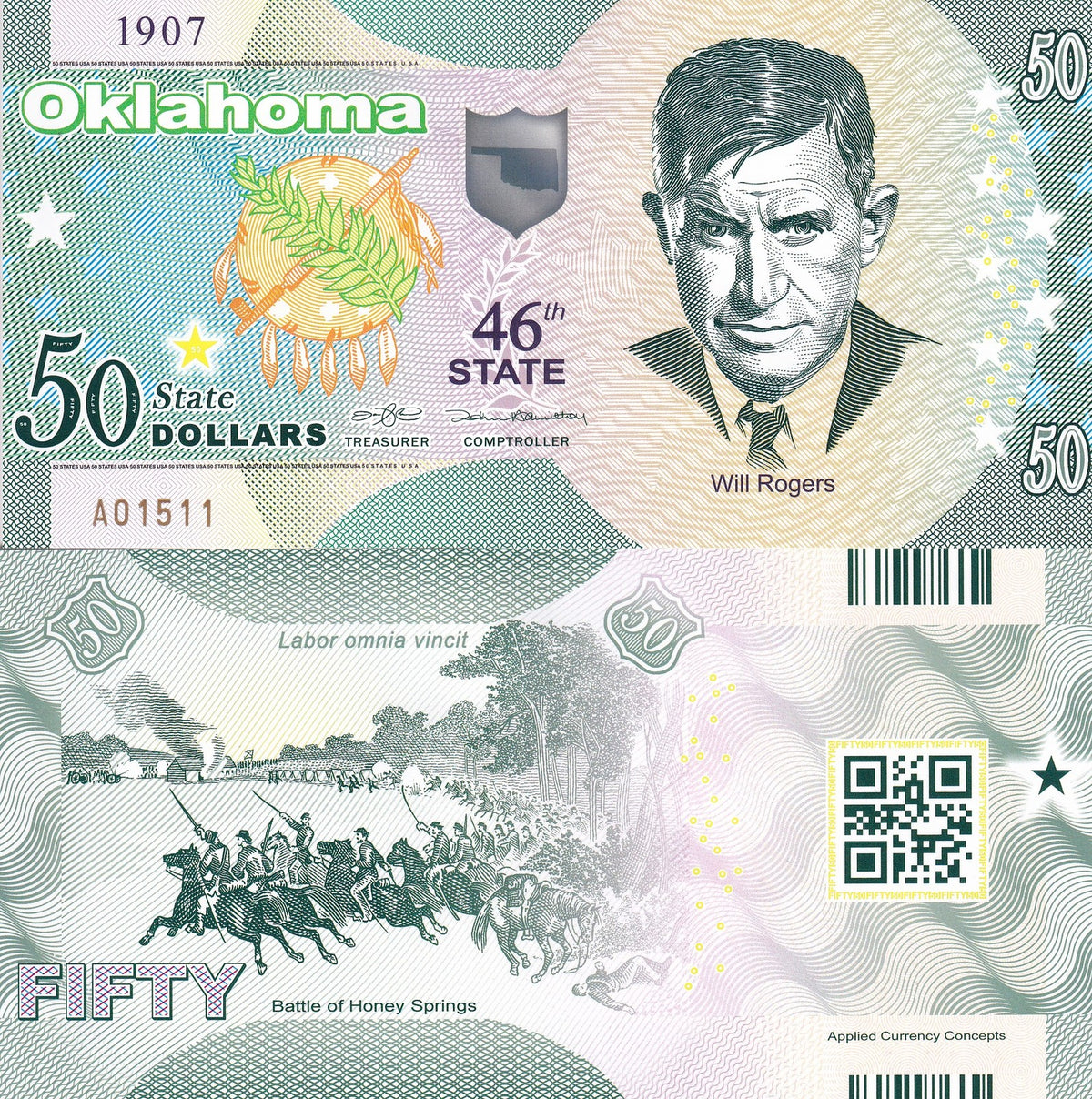 UNITED STATE USA. 50 Dollars 2020 POLYMER 46th Oklahoma Will Rogers