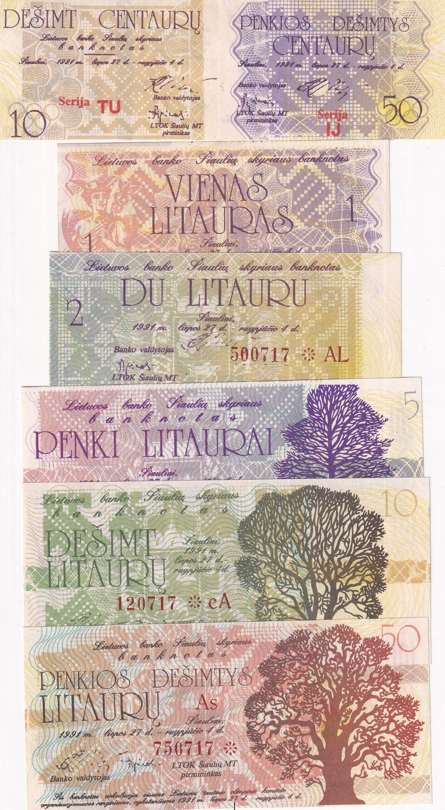 Lithuania Set 7 PCS 10 50 Centauru 1- 50 Lita Olympic Regional notes 1991 UNC