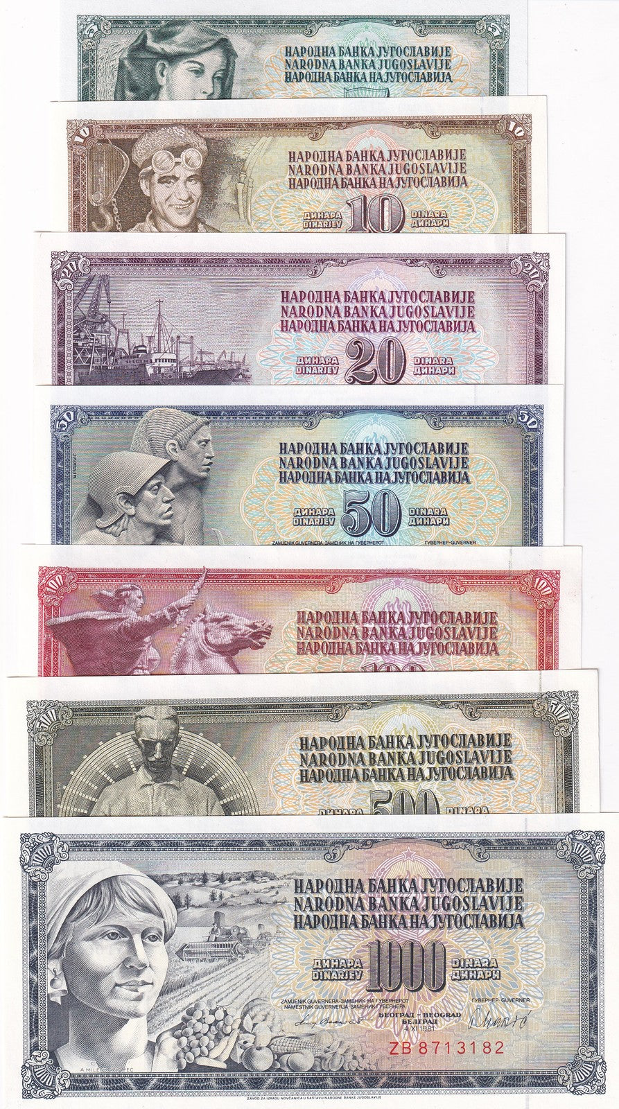 Yugoslavia Set 7 Pcs 5 10 20 50 100 500 1000 DINARA Random Dates UNC